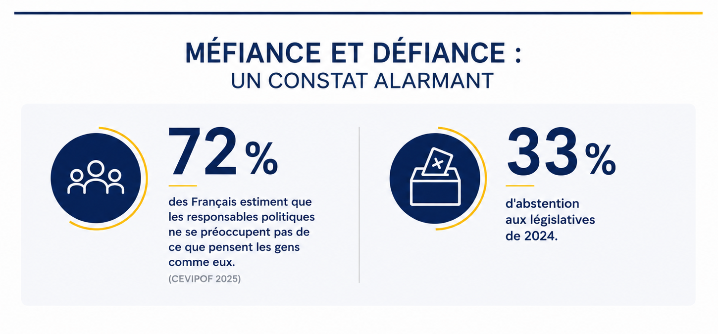 Méfiance et défiance : 72% des Français estiment que les responsables politiques ne se préoccupent pas de ce que pensent les gens comme eux (CEVIPOF 2025) — 33% d'abstention aux législatives de 2024