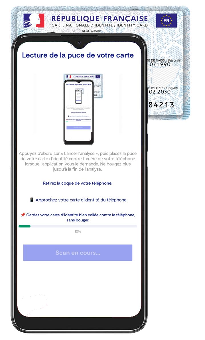 Téléphone posé sur la carte d'identité pendant la lecture de la puce